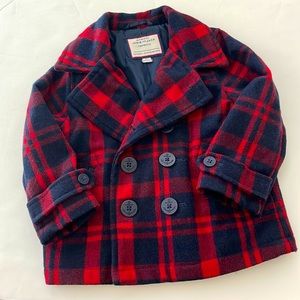 EUC Janie and Jack Navy and Red Plaid Peacoat 2T